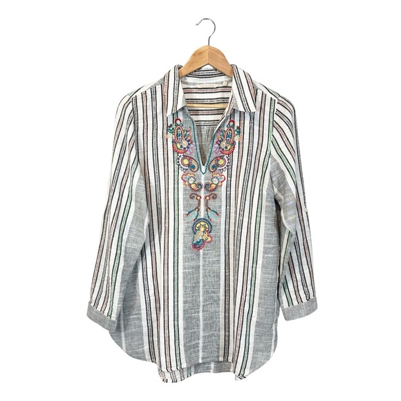 Soft Surroundings Tops - Soft Surroundings Boho Tunic Gray White Stripe Embroidered Floral V-Neck, Size M